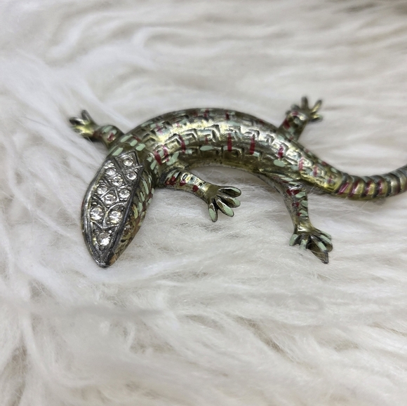 Vintage 1940s Coro Lizard Rhinestone Enamel Brooch Pin - Picture 2 of 11